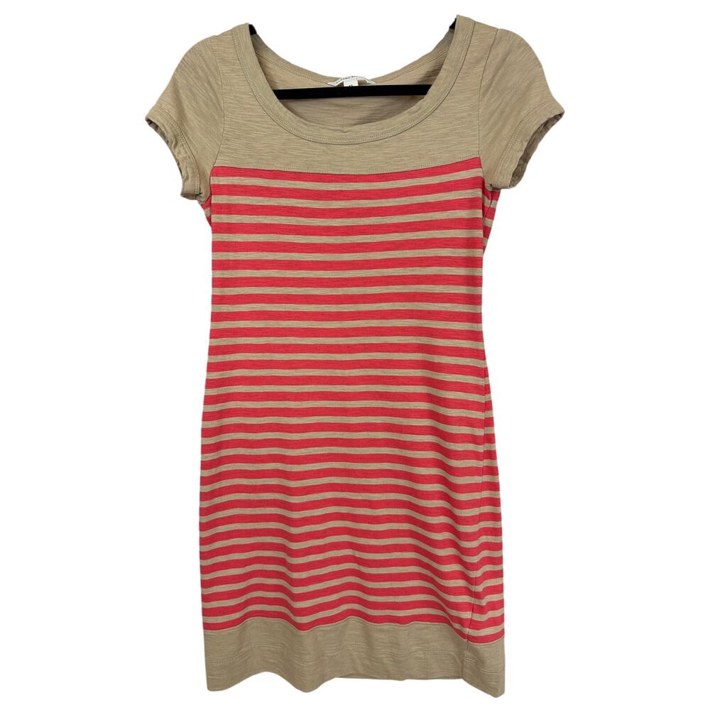 Banana Republic Tan Pink Striped Short Sleeve Scoop Neck 100% Cotton Dress XS